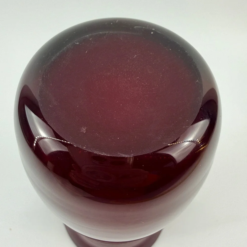 Blenko Ruby Red Glass Vase Non-Catalog Applied Clear Scroll Handles Silver Label